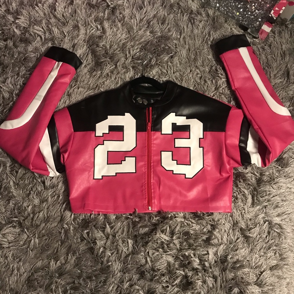 Pink and black moto cropped jacket